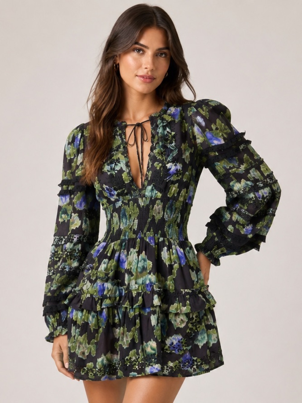 LoveShackFancy Clarkie Dress Floral Green Blue Black Ruffle Smocked Mini